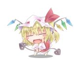  :d =_= blonde_hair blush_stickers chibi closed_eyes eyes_closed fang flandre_scarlet hat hat_ribbon holding nyagakiya open_mouth ribbon side_ponytail simple_background smile solo standing touhou white_background wings 