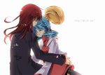  1boy 1girl bangs blue_hair closed_eyes couple crystal_(pokemon) english eyes_closed hat headwear_removed hug long_hair pokemon pokemon_(game) pokemon_gsc red_hair redhead silver_(pokemon) smile t-inababa twintails white_background 