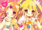  blonde_hair color_connection crossover cure_muse cure_muse_(yellow) cure_peace double_v dress frills kise_yayoi long_hair magical_girl multiple_girls orange_hair precure sarico shirabe_ako smile smile_precure! suite_precure v wink yellow_dress 