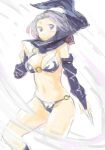  adapted_costume bare_legs bikini breasts bridal_gauntlets cleavage elbow_gloves forehead_protector gloves hood knife kumoi_ichirin lavender_hair light_smile looking_at_viewer midriff navel purple_eyes rough sape_(saperon_black) solo swimsuit touhou violet_eyes weapon 