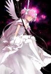  ankle_wings bow bow_(weapon) cleavage_cutout cotta dress gloves goddess_madoka hair_bow highres kaname_madoka long_hair magical_girl mahou_shoujo_madoka_magica pantyhose pink_hair sitting solo space twintails two_side_up ultimate_madoka very_long_hair weapon white_dress white_gloves white_legwear white_wings wings yellow_eyes 