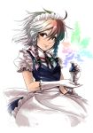  1girl apron braid gloves harusame_(unmei_no_ikasumi) highres izayoi_sakuya knife maid_headdress red_eyes ribbon short_hair silver_hair smile solo touhou twin_braids waist_apron white_gloves 