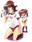  alternate_costume black_legwear blush bow brown_hair buruma camera embarrassed grin gym_uniform hair_bow hat highres himekaidou_hatate kneehighs kneeling multiple_girls puffy_sleeves red_eyes shameimaru_aya shirt_tug short_hair short_sleeves smile tokin_hat torisuke_(koinohito) touhou translated twintails 