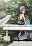  black_hair brown_eyes cabbie_hat cat fishing_rod guard_rail hat looking_back mole naked_overalls no_bra original overalls road short_hair sitting smile solo tree yoneda_taishou 