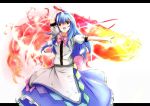  blue_hair bow hinanawi_tenshi long_skirt no_hat no_headwear open_mouth outstretched_arms puffy_sleeves red_eyes short_sleeves skirt solo sword sword_of_hisou taka touhou weapon 