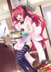  ahoge apron cooking corticarte_apa_lagranges curtains flour hair_intakes hair_ribbon highres kannatsuki_noboru knife long_hair nearly_naked_apron no_bra open_mouth oven_mitts panties pot red_eyes red_hair redhead ribbon shinkyoku_soukai_polyphonica solo spill striped striped_panties thigh-highs thighhighs underwear very_long_hair wide_ponytail window 