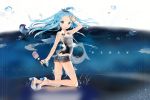  anmi blue_eyes blue_hair boots bubble character_name glasses high_heels highres holding kneeling long_hair looking_at_viewer looking_back midriff navel open_mouth paintbrush pixiv pixiv-tan shoes short_hair short_shorts shorts smile solo water 