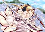  ahoge armor armored_dress bare_shoulders blonde_hair bow caliburn detached_sleeves dress fate/stay_night fate/unlimited_codes fate_(series) gauntlets green_eyes hair_bow long_hair merufena mountain ponytail saber saber_lily sheath solo unsheathed 