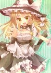  :d bad_id blonde_hair bow braid choker hat hat_bow hat_ribbon kirisame_marisa long_hair open_mouth outstretched_arm ribbon single_braid smile solo star striped striped_background tamagogayu1998 touhou vertical_stripes witch_hat yellow_eyes 