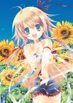  :d arm_ribbon blonde_hair chikaya_t flower green_eyes hair_ribbon holding hose long_hair neck_ribbon open_mouth original outstretched_arm pov ribbon smile solo sunflower water 