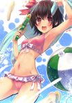  :d armpits ball bikini blush bow brown_hair eho_(icbm) hat hat_bow navel open_mouth orange_eyes original short_hair slippers smile solo swimsuit water water_gun 