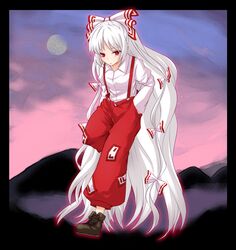  bow cross-laced_footwear fujiwara_no_mokou hair_bow long_hair long_sleeves miyo_(ranthath) moon multi-tied_hair pants puffy_sleeves red_eyes solo suspenders touhou very_long_hair 