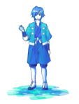  armband blue blue_eyes blue_hair gym_leader hair_over_one_eye hayato_(pokemon) jacket male monochrome pokemon pokemon_(game) pokemon_gsc pokemon_hgss shorts smile solo tegaki 