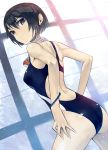  artist_request black_eyes black_hair blue_swimsuit breasts competition_swimsuit dekappara_futoriusu from_behind goggles goggles_around_neck looking_back one-piece_swimsuit original short_hair solo swimsuit wet window wrist_straps 