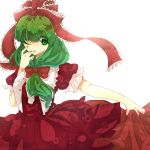  bow dress frills front_ponytail green_eyes green_hair hair_bow hair_ornament hair_ribbon hand_to_mouth highres kagiyama_hina long_hair puffy_sleeves rarorimiore red_dress ribbon short_sleeves simple_background skirt_hold solo touhou white_background wink 