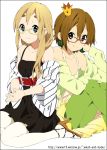  2girls belt bespectacled blonde_hair blue_eyes brown_eyes brown_hair earrings eyebrows glasses green_legwear high_heels jewelry k-on! kotobuki_tsumugi long_hair mini_crown mizuki_makoto multiple_girls open_mouth open_shoes pantyhose shoes simple_background skirt smile striped tainaka_ritsu white_background 