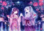  2girls flower flowers grey_hair japanese_clothes kimono original ponytail purple_eyes purple_hair red_eyes scarlet_tea_child violet_eyes 