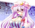  bespectacled blush bow breasts bust cleavage crescent glasses hat large_breasts osashin_(osada) patchouli_knowledge purple_eyes purple_hair shin_osada solo star touhou violet_eyes 