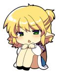  :&lt; annoyed arm_warmers bad_id bangs bare_legs blonde_hair blush chibi green_eyes half_updo leg_hug lowres matatabi_maru mizuhashi_parsee no_nose pointy_ears shoes simple_background sitting skirt solo touhou white_background 