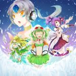  aisha_(elsword) amksr417 arm_up bad_id closed_eyes colored_eyelashes crossover elsword eve_(elsword) eyes_closed gloves goggles goggles_on_head green_hair gumi headphones long_hair multiple_girls purple_eyes purple_hair rena_(elsword) short_hair singing skirt smile twintails violet_eyes vocaloid white_hair yellow_eyes 