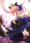  animal_ears black_legwear bow brown_eyes caster_(fate/extra) fate/extra fate_(series) fox_ears fox_tail hair_bow japanese_clothes long_hair long_sleeves mirror pink_hair puyue solo tail thigh-highs thighhighs wide_sleeves 