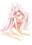  animal_ears bare_legs barefoot breasts bunny_ears bunny_tail cleavage highres light_smile lips long_hair looking_at_viewer nana_mikoto no_pants original panties rabbit_ears red_eyes simple_background sitting solo tail twintails underwear very_long_hair white_background white_hair white_panties 