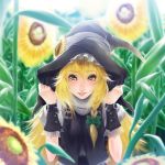  adapted_costume bad_id blonde_hair blurry bow braid depth_of_field flower hair_bow hat hat_tug kirisame_marisa long_hair puffy_sleeves short_sleeves side_braid single_braid solo sunflower tomokatsu touhou witch_hat wrist_cuffs yellow_eyes 