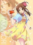  :d bracelet brown_eyes brown_hair camera character_name dress flower hair_bun hair_flower hair_ornament haruna_hisui idolmaster idolmaster_cinderella_girls jewelry necklace open_mouth smile solo takamori_aiko 