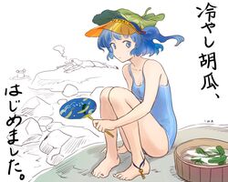  barefoot blue_eyes blue_hair blush breasts cleavage cucumber fan iwamoto_james jewelry kawashiro_nitori key looking_at_viewer miyako_yoshika one-piece_swimsuit paper_fan pyonta short_hair sitting sketch swimsuit touhou translation_request twintails uchiwa 