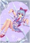  :d absurdres blue_eyes border character_name cirno highres ice ice_wings mary_janes open_mouth outstretched_arms pointy_ears shoes short_hair skirt smile snowflakes solo sonikey0_0 touhou wings wrist_cuffs 