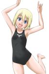  :d armpits arms_up barefoot blonde_hair blue_eyes blush erica_hartmann mayo_chiki! one-piece_swimsuit open_mouth parody sakamachi_kureha short_hair smile solo standing_on_one_leg strike_witches swimsuit youkan 