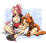  2girls ahomira amputee baiken barefoot black_cat black_legwear breasts brown_eyes brown_hair cat facial_tattoo guilty_gear hat japanese_clothes kimono large_breasts long_hair may_(guilty_gear) multiple_girls obi one-eyed open_kimono pink_eyes pink_hair pirate pirate_hat ponytail sash scar skull_and_crossbones sleeping tattoo very_long_hair 