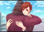  1girl aragaki_shinjirou beanie brown_hair female_protagonist_(persona_3) hair_ornament hairclip hat hug persona persona_3 persona_3_portable ponytail red_eyes red_hair redhead school_uniform sky yuri_(freedom) 