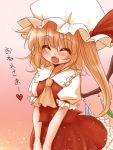  ascot blonde_hair blush closed_eyes demekyon eyes_closed fang flandre_scarlet hat heart open_mouth side_ponytail solo touhou translated translation_request wings 