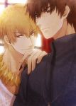  blonde_hair brown_eyes brown_hair fate/zero fate_(series) gilgamesh jewelry kotomine_kirei male multiple_boys necklace red_eyes sng 