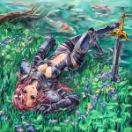  :o armor blue_eyes boots breasts center_opening cleavage fish highres looking_at_viewer lying navel original pink_hair sword tetrapod_(youhei_1985) thigh-highs thighhighs water weapon 