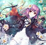  brown_eyes dress flower gradient_hair hair_flower hair_ornament hijiri_byakuren holding long_hair looking_at_viewer lying miyase_mahiro multicolored_hair petals purple_hair smile solo touhou water 