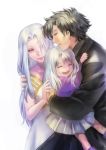  2girls black_hair emiya_kiritsugu family fate/zero fate_(series) hug illyasviel_von_einzbern irisviel_von_einzbern long_hair multiple_girls red_eyes ris silver_hair white_hair 