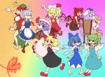  &gt;:) &gt;:3 &gt;:d &gt;_&lt; 6+girls :&lt; :3 :d :o apron ascot back barefoot bat_wings between_fingers blonde_hair blood blue_dress blue_eyes blue_hair book book_stack boots bow braid breasts capelet chair chibi china_dress chinese_clothes cirno clenched_hand clenched_hands closed_eyes colorful crescent daiyousei dress dress_shirt everyone eyes_closed fairy_wings fang flandre_scarlet floating frills giving_up_the_ghost gradient gradient_background green_dress green_eyes green_hair grin hair_bow happy hat hat_bow head_wings heart highres holding holding_book hong_meiling index_finger_raised izayoi_sakuya knife knifed koakuma large_bow long_hair long_sleeves looking_back low-tied_long_hair low_wings maid maid_headdress mary_janes multiple_girls necktie nose_bubble open_book open_mouth outstretched_arms patchouli_knowledge pentagram pink_dress purple_dress purple_eyes purple_hair raised_finger raised_fist reading red_eyes red_hair redhead remilia_scarlet rumia shirt shoes short_hair short_sleeves side_ponytail side_slit silver_hair sitting skirt skirt_set smile spit_take spitting spread_arms striped striped_dress tatudosi the_embodiment_of_scarlet_devil touhou twin_braids vertical_stripes very_long_hair vest violet_eyes waist_apron white_shirt wide_sleeves wings x3 