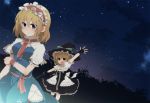  :d alice_margatroid aoi_(annbi) arm_up blonde_hair blue_eyes blush bow broom capelet curiosities_of_lotus_asia fingerless_gloves gloves hairband hat hat_bow holding kirisame_marisa multiple_girls night night_sky open_mouth sky smile touhou witch_hat wrist_cuffs yellow_eyes 