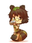  animal_ears brown_eyes brown_hair chibi cup drinking futatsuiwa_mamizou glasses kuromiya leaf leaf_on_head looking_at_viewer raccoon_ears raccoon_tail sandals short_hair simple_background solo tail touhou white_background 