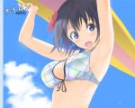  :d armpits arms_up bikini bikini_top black_hair blue_eyes blush breasts bust character_request cleavage cloud flower frogman front-tie_top hair_flower hair_ornament holding izumi_haruka looking_at_viewer nylon official_art open_mouth short_hair sky smile solo surfboard swimsuit 