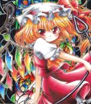  bad_id blonde_hair blush crystal flandre_scarlet hat hat_ribbon laevatein puffy_sleeves red_eyes ribbon short_hair short_sleeves side_ponytail smile solo touhou ura_hiro weapon wings 