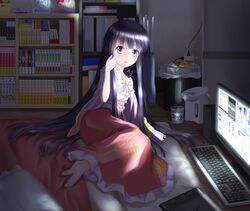  barefoot black_hair blush book bookshelf bow computer cup_ramen dark desktop food futon hadi highres hime_cut houraisan_kaguya long_hair long_skirt long_sleeves manga manga_(object) noodles open_mouth painttool_sai pillow ramen ribbon sai_(software) sitting skirt solo speaker tablet touhou trash trash_can trashcan very_long_hair wide_sleeves yellow_eyes 