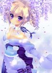  blonde_hair blush bow breasts cleavage detached_collar dress flower konno_kengo long_sleeves off_shoulder original petals puffy_sleeves purple_eyes short_hair smile solo twintails violet_eyes wisteria 