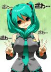  aqua_eyes aqua_hair breast_envy breast_padding breasts detached_sleeves gloom_(expression) grin hatsune_miku long_hair looking_away necktie pizzadev smile solo twintails v vocaloid 