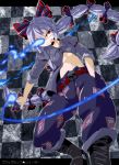  alternate_color alternate_hairstyle aono3 belt black_rock_shooter blue_fire bow breasts cross-laced_footwear fire fujiwara_no_mokou glowing glowing_eyes hair_bow highres multi-tied_hair ponytail puffy_sleeves red_eyes silver_hair skull sleeves_rolled_up solo tongue touhou under_boob underboob 