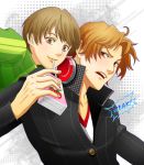  1boy 1girl blush brown_eyes brown_hair cnyk hanamura_yousuke headphones headphones_around_neck juice_box persona persona_4 satonaka_chie school_uniform track_jacket 