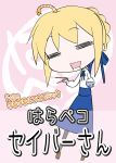  =_= ahoge blonde_hair casual chopsticks dress fate/stay_night fate_(series) hair_ribbon nanase_meruchi ribbon rice_bowl saber solo worms 