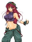  alternate_costume bare_shoulders baseball_cap braid breasts cap clenched_hand contemporary fingerless_gloves gloves hat highres hong_meiling large_breasts ledjoker07 long_hair midriff mound_of_venus navel no_panties pants red_hair redhead simple_background solo suspenders tan tanline touhou twin_braids white_background 